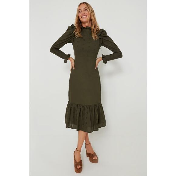 Tuckernuck HYACINTH HOUSE Regina Ruffle Midi Dress Olive Green Size S - Picture 1 of 14